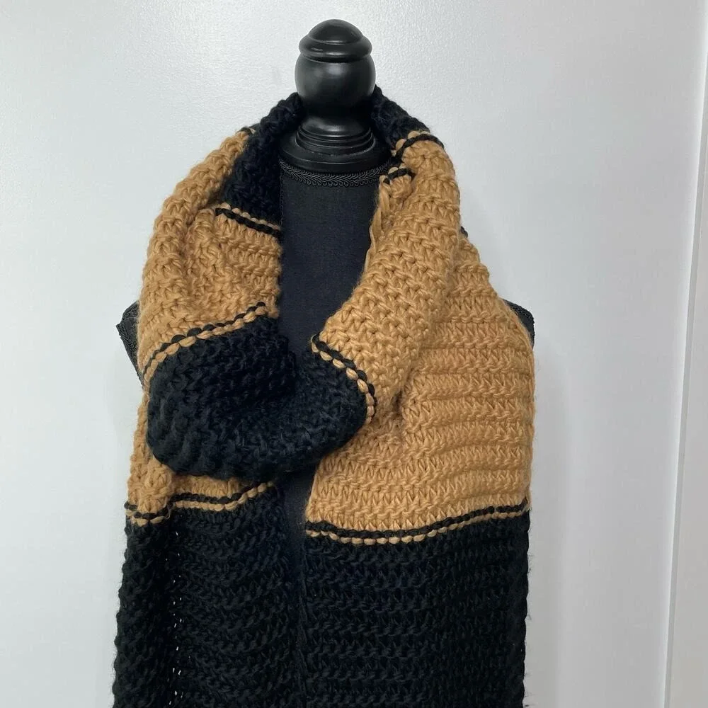 OVersized Scarf Black Brown Tan Chunky Knit Pockets Fringe NEW Cozy Gift Warm